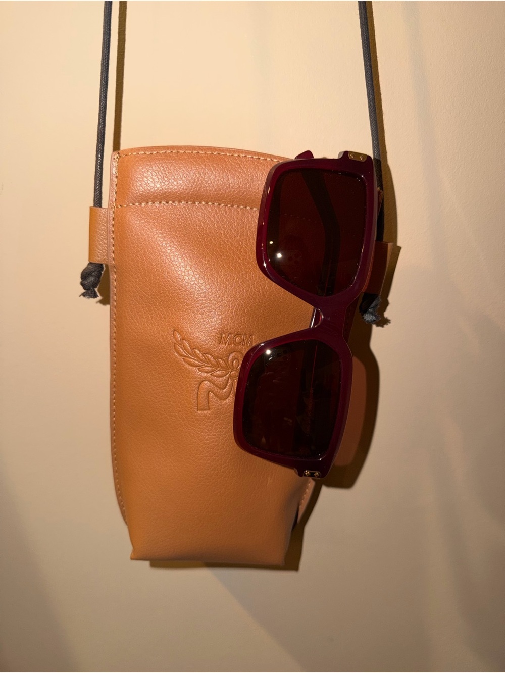 MCM Tan Leather Crossbody Pouch with Burgundy Sunglasses